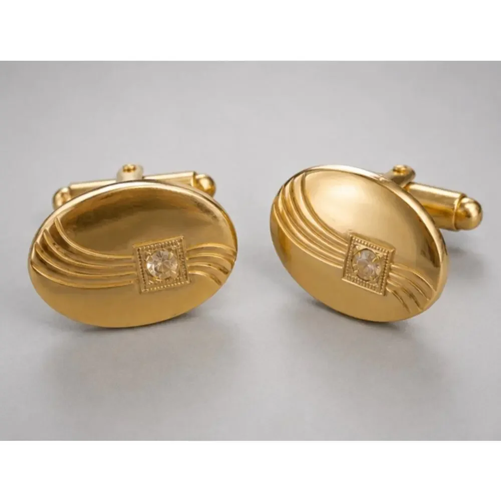 Vintage Anson Cufflinks Gold-tone Rhinestone Mid-century Cuff Links Oval cl-